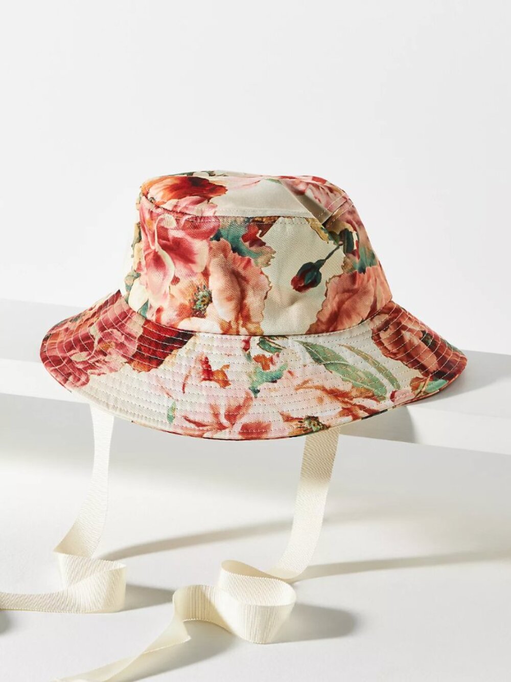 Wyeth x Antrhopologie Lani Floral Bucket Hat with Ties Cream Pink Orange
